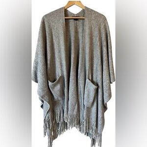 Gray Knit Fringe Poncho Sweater with Pockets
